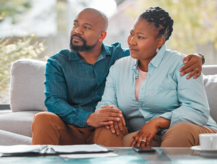 Back people, couple and listen to broker at home for funeral cover or life policy planning....