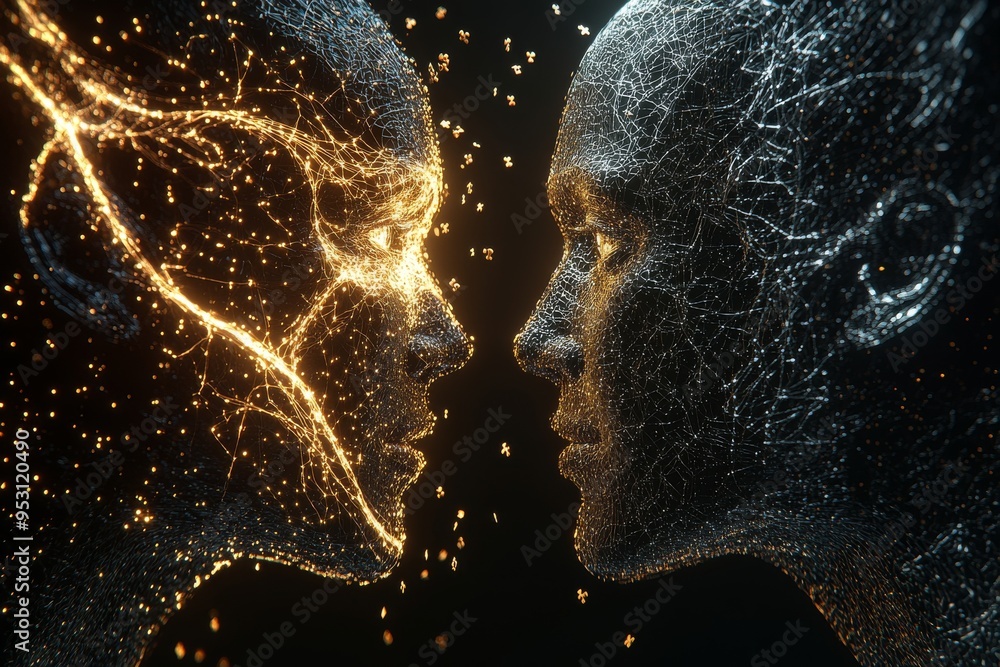 Poster surreal digital composition of two figures with faces made of glowing particles symbolizing the intr