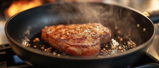 Someone is using a skillet to cook steak.