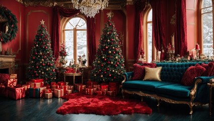 Fototapeta premium Red Christmas interior. Living room with blue walls, black sofa and gold and red Christmas decorations on Christmas tree
