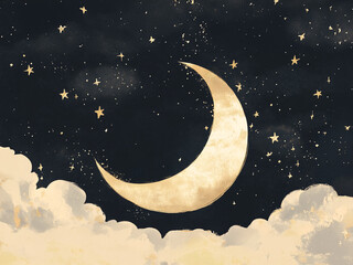 Naklejka premium Christmas fairy-tale black sky background with the crescent moon, glittering stars, and fluffy clouds in the sky, a cozy, dreamy, and playful atmosphere 