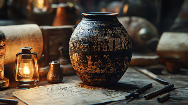 A stunning close-up of a rare, intact Etruscan bucchero pottery piece