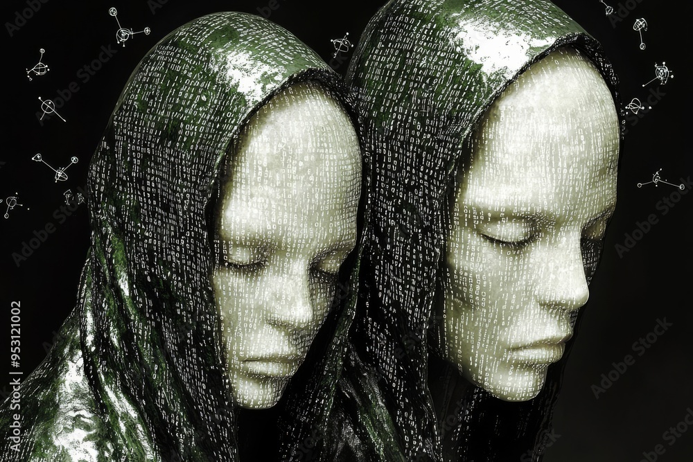 Poster surreal digital art of two faceless figures with metallic textures exploring the concept of identity