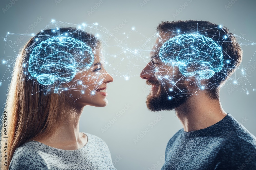 Poster futuristic digital illustration of a couple with glowing neural networks connecting their brains rep