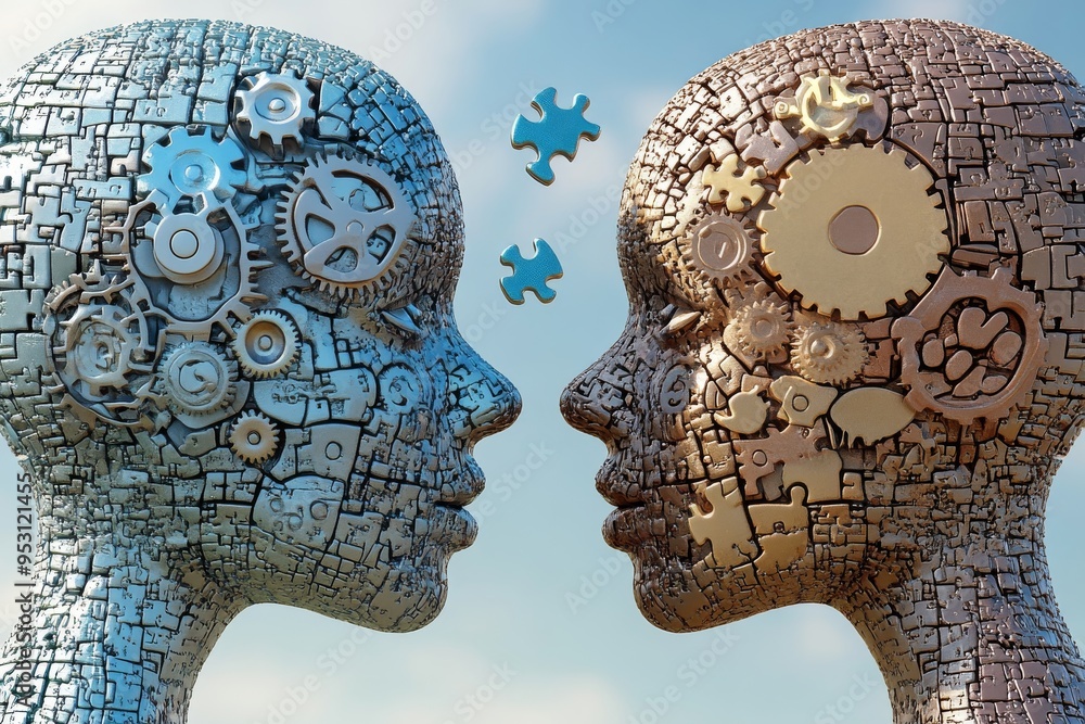 Poster innovative digital sculpture of two robotic heads facing each other with exposed gears symbolizing t
