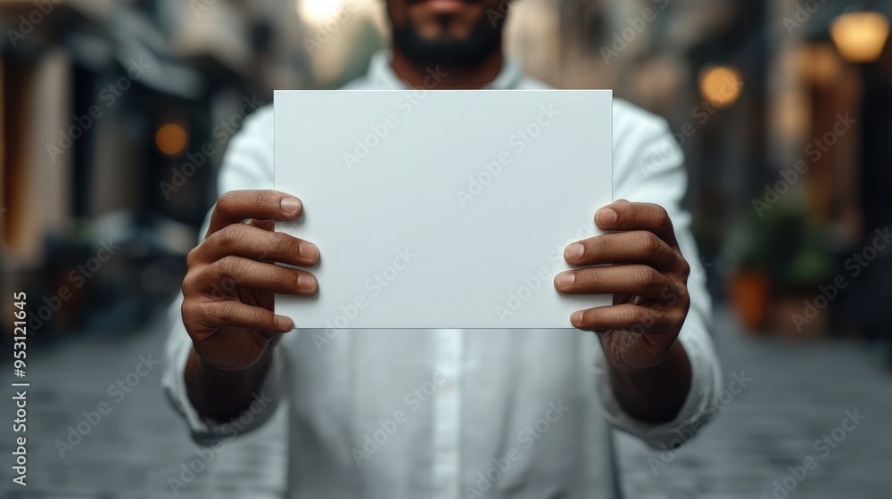 Poster 3d render of a human hand holding an abstract mobile device in a horizontal position with a blank wh
