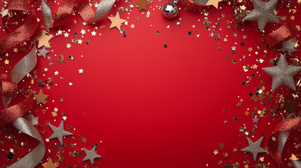 A red background with a lot of stars and gold ribbons