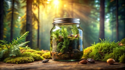 A beautifully crafted jar filled with earthy aromas and natural treasures, evoking the essence of ancient forests and harmony with the earth