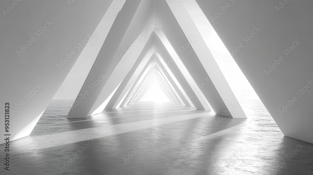 Poster 3D render of a vertical loop video featuring an abstract minimal background with a blank spinning white triangle and rotating geometric shapes.