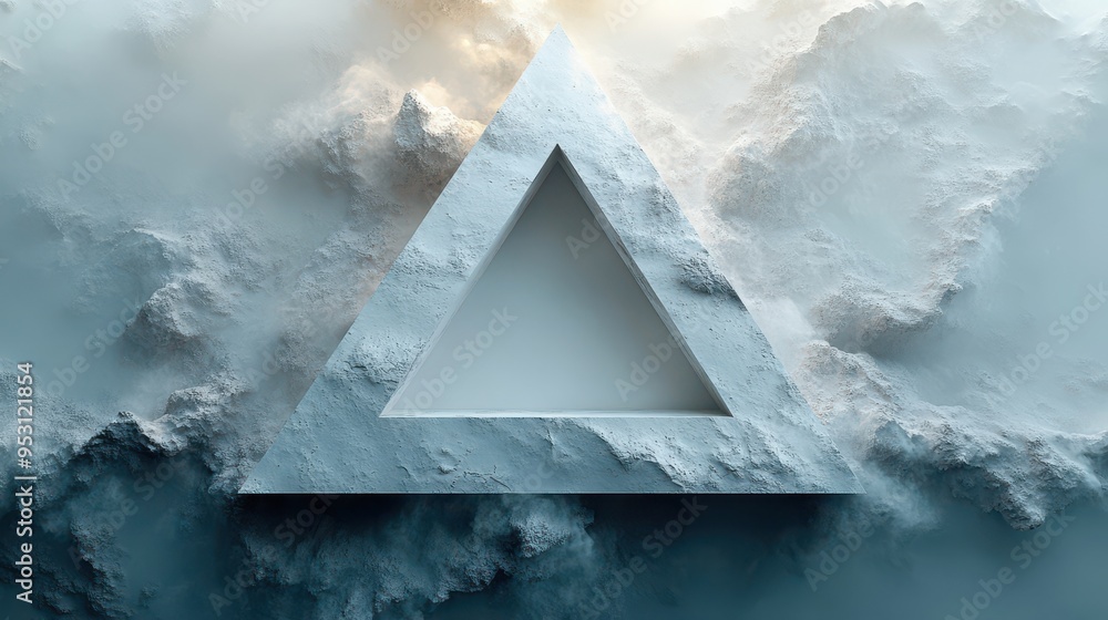 Poster 3D render of a vertical loop video featuring an abstract minimal background with a blank spinning white triangle and rotating geometric shapes.