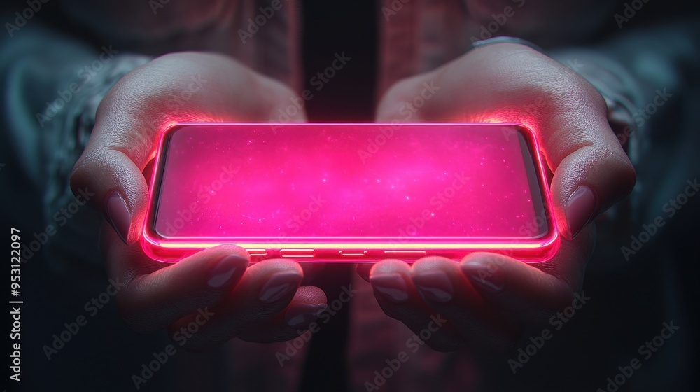 Poster 3d render of mannequin hands holding a neon glowing smartphone gadget isolated on a dark background 