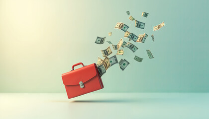 Red Briefcase Overflowing with Cash: A red briefcase bursts open, spewing forth a cascade of US dollar bills, symbolizing financial success, wealth, and abundance. This image evokes a sense of achieve