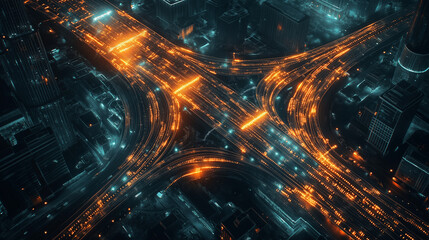 A city street with a large intersection with orange lights