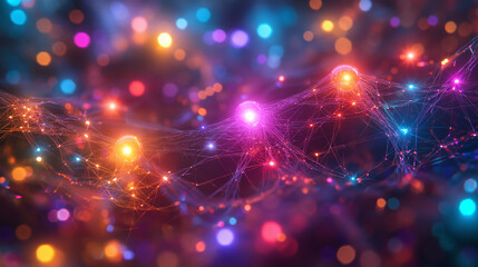 A colorful, abstract image of a string of lights with a purple and orange hue