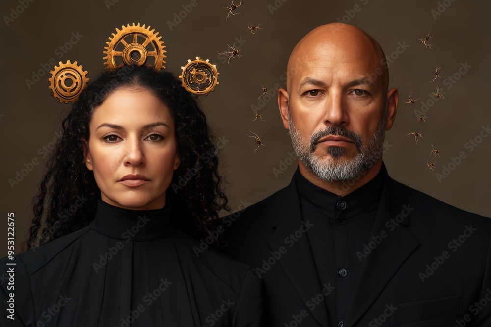 Poster formal digital portrait of a group of three individuals with gears and brain imagery representing th