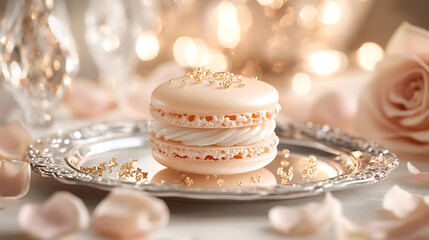 A crystal macaron with a delicate, translucent shell with bokeh effect background