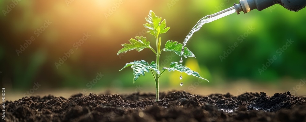 Wall mural a young plant being watered, representing growth, renewal, and the beauty of nature in a vibrant out