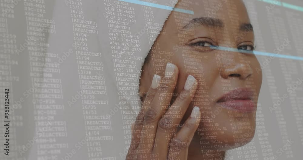 Poster touching face and smiling, woman over data processing animation with redacted text