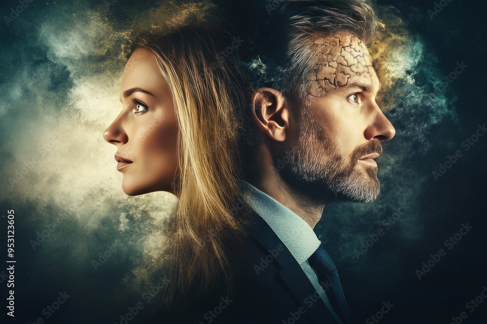 Poster Artistic digital portrait of a couple with fragmented tech inspired faces exploring the complex relationship between identity and modern technology