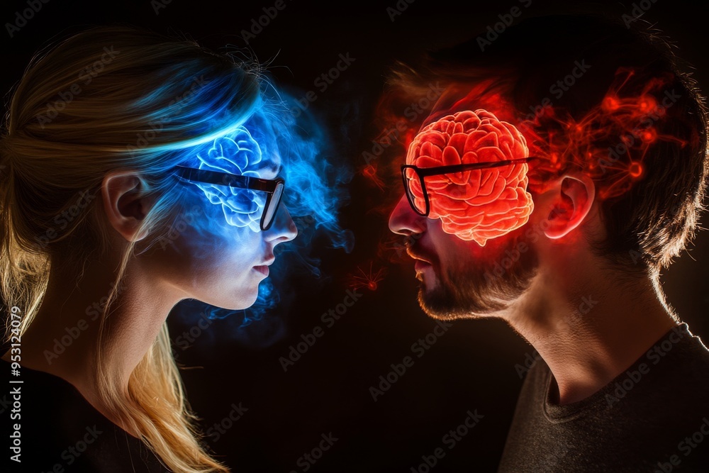 Poster futuristic digital art of a couple with glowing red and blue brains symbolizing the contrast and syn