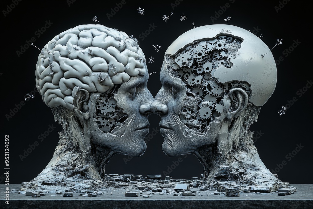 Poster futuristic digital sculpture of two abstract heads with gears and brain imagery symbolizing the engi