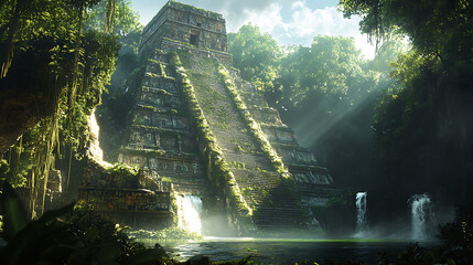 A hyper-realistic image of ancient Aztec civilization ruins, hidden deep within a lush, dense jungle