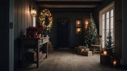Scandinavian farmhouse hallway interior with Christmas decoration