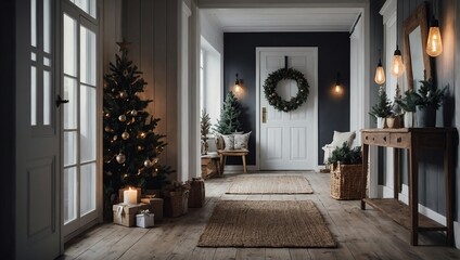 Scandinavian farmhouse hallway interior with Christmas decoration, wall mockup 