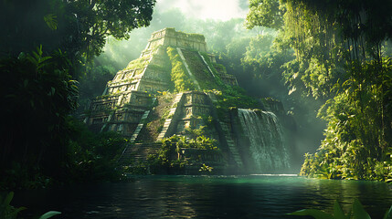 A hyper-realistic image of ancient Aztec civilization ruins, hidden deep within a lush, dense jungle