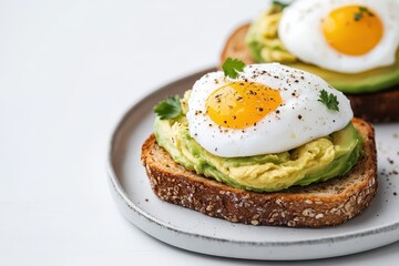 A delicious poached egg served on avocado toast, garnished with black pepper and parsley, perfect for a healthy breakfast or brunch.