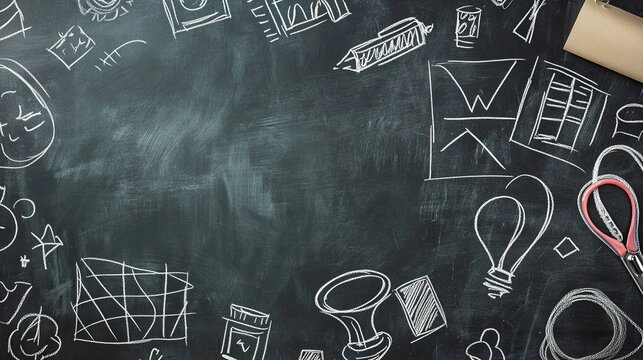 A chalkboard with childlike doodles, leaving a large area of the board clean for text. Perfect for educational content.