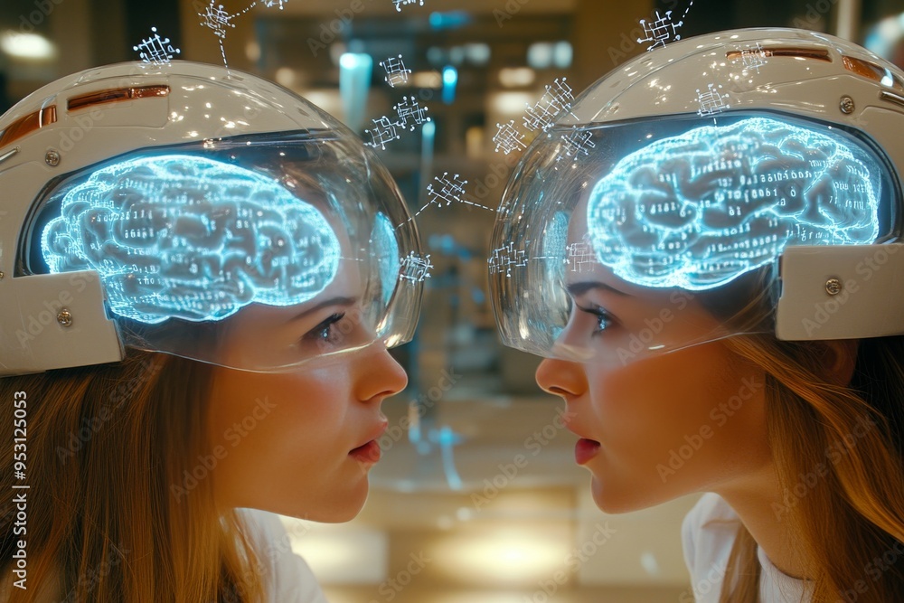 Poster high tech digital illustration of two scientists with neural interface helmets representing the futu
