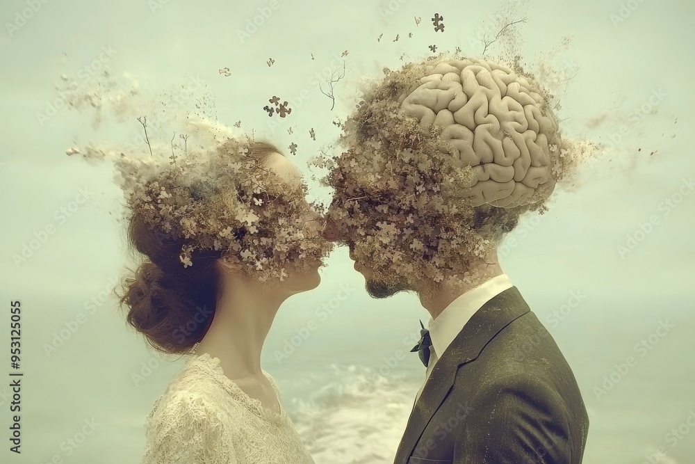 Poster whimsical digital portrait of a couple with cloud like brains symbolizing the transient and fluid na
