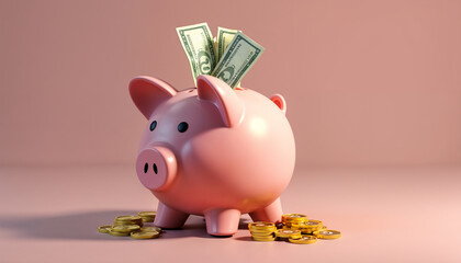 Pink Piggy Bank Savings Goal:  A cheerful pink piggy bank overflowing with gold coins and a few dollar bills, symbolizing financial security, savings, and the pursuit of financial goals.  