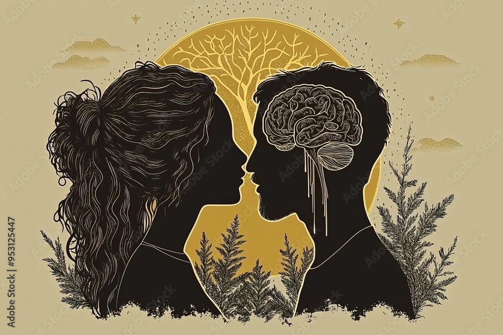 Poster whimsical digital silhouette of a couple with tree like neural patterns symbolizing the growth and e