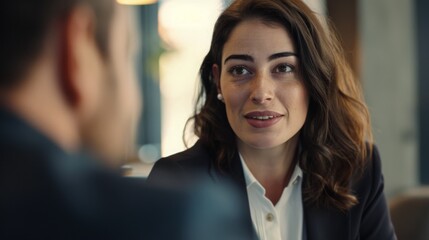 Confident businesswoman in her thirties discussing with a male colleague during an office meeting. Collaboration, communication, and professional business concepts.