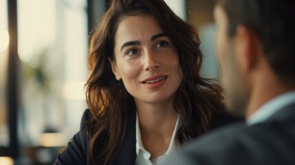 Naklejka premium Confident businesswoman in her thirties discussing with a male colleague during an office meeting. Collaboration, communication, and professional business concepts.
