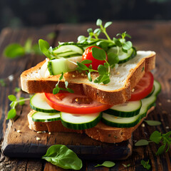 Freshly made healthy organic veggie garden sandwich is resting on a wooden cutting board
