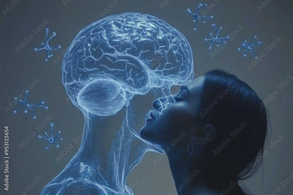 Poster serene digital art of a woman with a glowing brain and floating neural elements symbolizing the deep