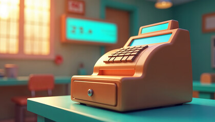 Retro Cash Register: A vintage-inspired cash register sits on a turquoise countertop in a retro-styled office, bathed in warm, afternoon light. The scene exudes a nostalgic charm, perfect for capturin