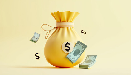 Golden Opportunity: A playful, 3D rendered money bag overflows with cash, symbolizing abundance, prosperity, and financial success on a sunny yellow backdrop. 