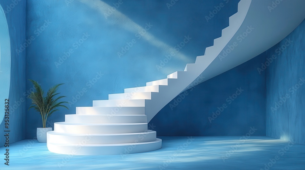 Aufkleber 3d render of a white soft cube podium in a minimal interior room with an isolated ladder on a blue b
