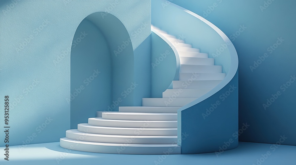 Aufkleber 3d render of a white soft cube podium in a minimal interior room with an isolated ladder on a blue b