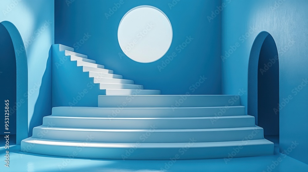 Aufkleber 3d render of a white soft cube podium in a minimal interior room with an isolated ladder on a blue b