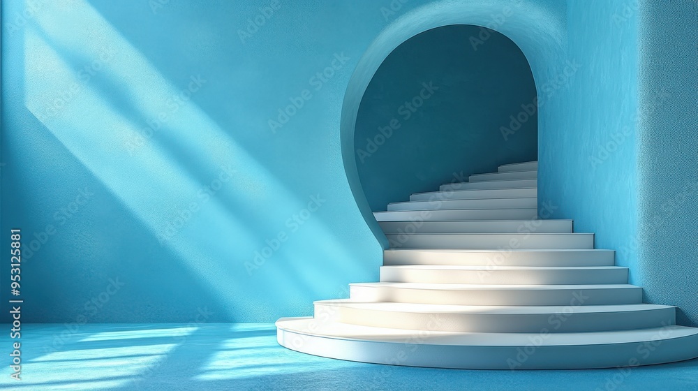Aufkleber 3d render of a white soft cube podium in a minimal interior room with an isolated ladder on a blue b