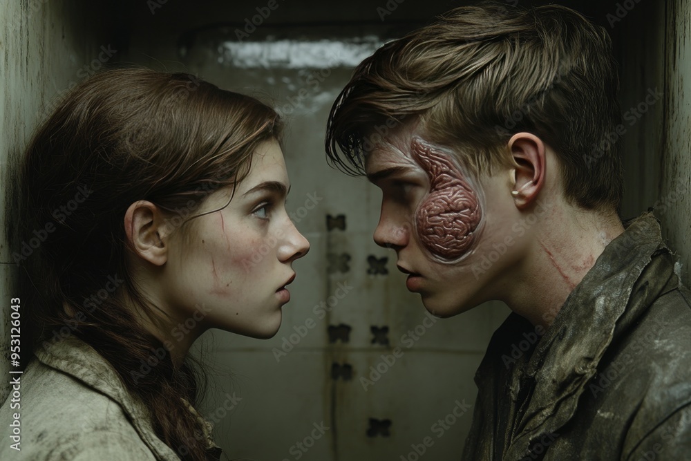Poster moody digital art of a couple with glowing neural patterns exploring the intensity of thoughts and e