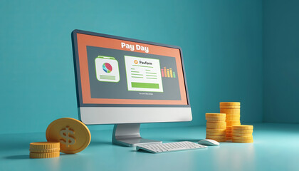 Payday Bliss: A computer screen displays a digital pay stub, symbolizing financial security and satisfaction. Stacks of gold coins enhance the visual appeal, creating a compelling image for online ban