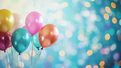 Colorful balloons floating in a festive atmosphere with sparkling lights for a joyful celebration or party