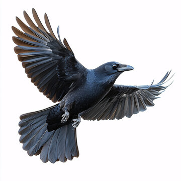 A flying crow isolated on a white background. Suitable for wildlife, nature, or Halloween-themed designs.