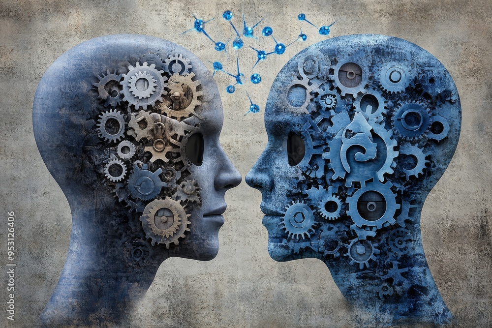 Poster futuristic digital art of two profiles with mechanical brains symbolizing the intersection of techno